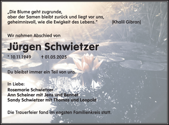 Traueranzeige von Jürgen Schwietzer von Lausitzer Rundschau