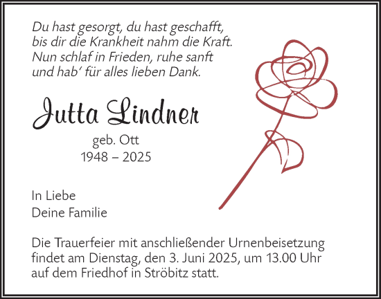 Traueranzeige von Jutta Lindner von Lausitzer Rundschau