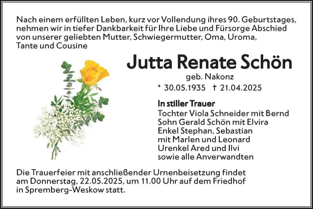  Traueranzeige für Jutta Renate Schön vom 17.05.2025 aus Lausitzer Rundschau
