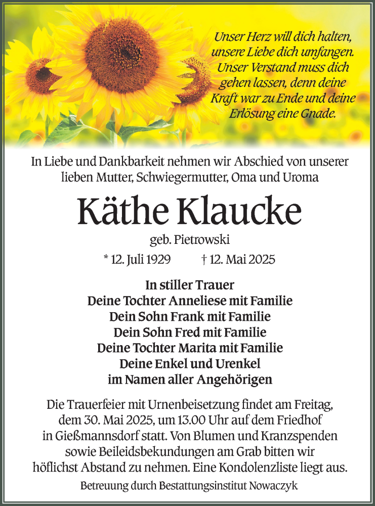  Traueranzeige für Käthe Klaucke vom 24.05.2025 aus Lausitzer Rundschau