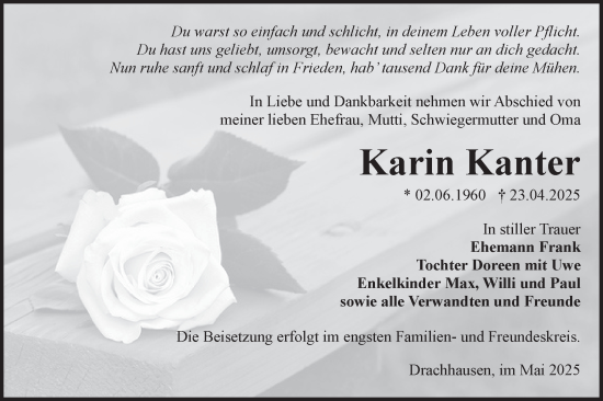 Traueranzeige von Karin Kanter von Lausitzer Rundschau