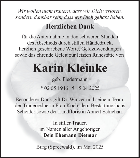 Traueranzeige von Karin Kleinke von Lausitzer Rundschau