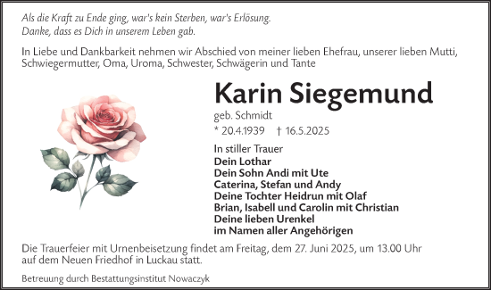 Traueranzeige von Karin Siegemund von Lausitzer Rundschau