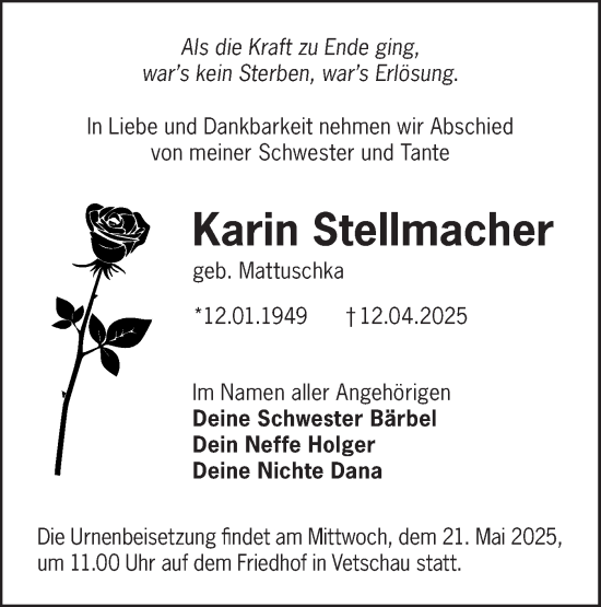 Traueranzeige von Karin Stellmacher von Lausitzer Rundschau