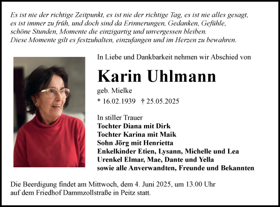 Traueranzeige von Karin Uhlmann von Lausitzer Rundschau