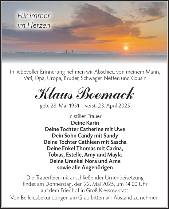 Traueranzeige von Klaus Boemack von Lausitzer Rundschau