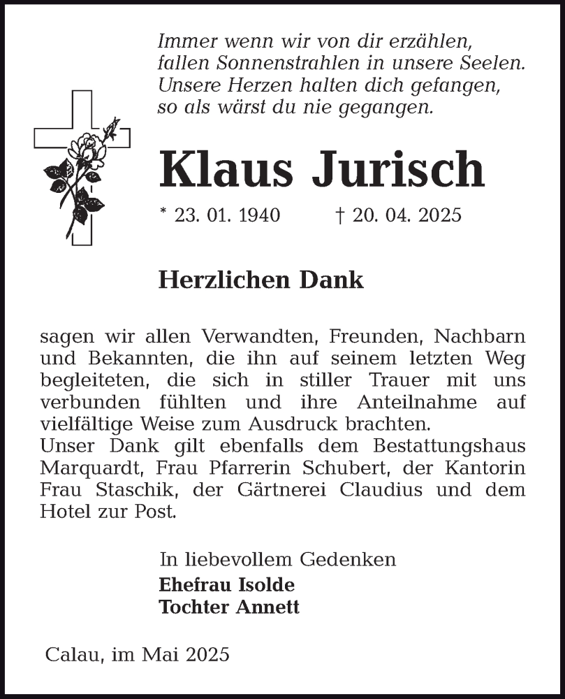  Traueranzeige für Klaus Jurisch vom 10.05.2025 aus Lausitzer Rundschau
