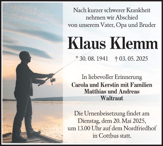 Traueranzeige von Klaus Klemm von Lausitzer Rundschau