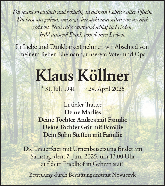Traueranzeige von Klaus Köllner von Lausitzer Rundschau