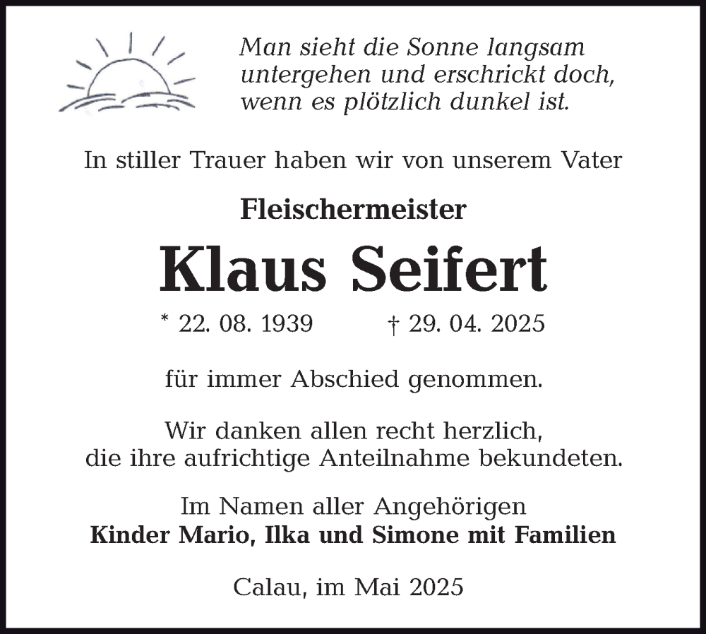  Traueranzeige für Klaus Seifert vom 31.05.2025 aus Lausitzer Rundschau