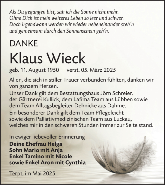 Traueranzeige von Klaus Wieck von Lausitzer Rundschau