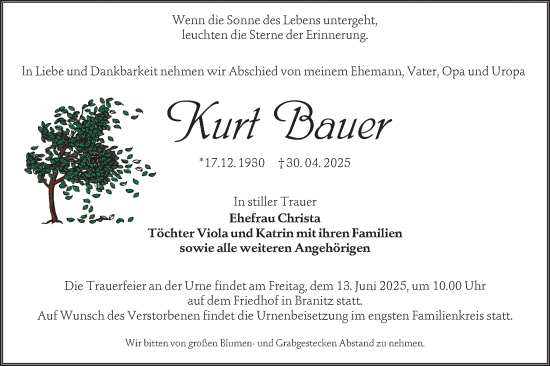Traueranzeige von Kurt Bauer von Lausitzer Rundschau