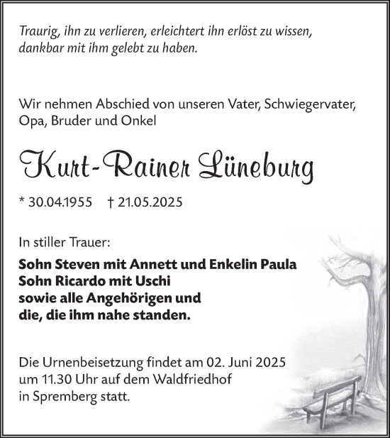Traueranzeige von Kurt-Rainer Lüneburg von Lausitzer Rundschau