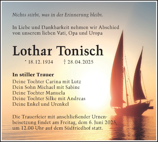 Traueranzeige von Lothar Tonisch von Lausitzer Rundschau