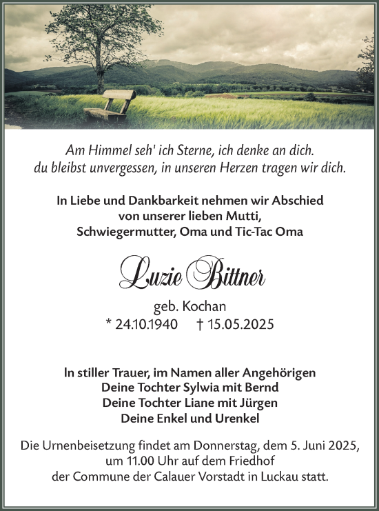 Traueranzeige von Luzie Bittner von Lausitzer Rundschau