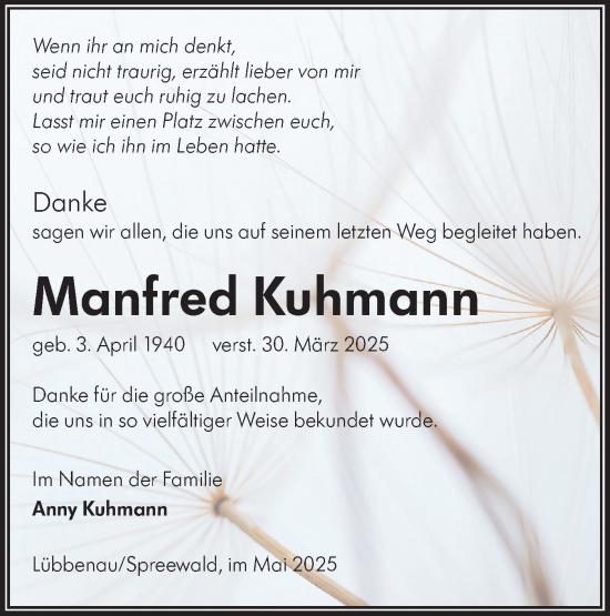 Traueranzeige von Manfred Kuhmann von Lausitzer Rundschau