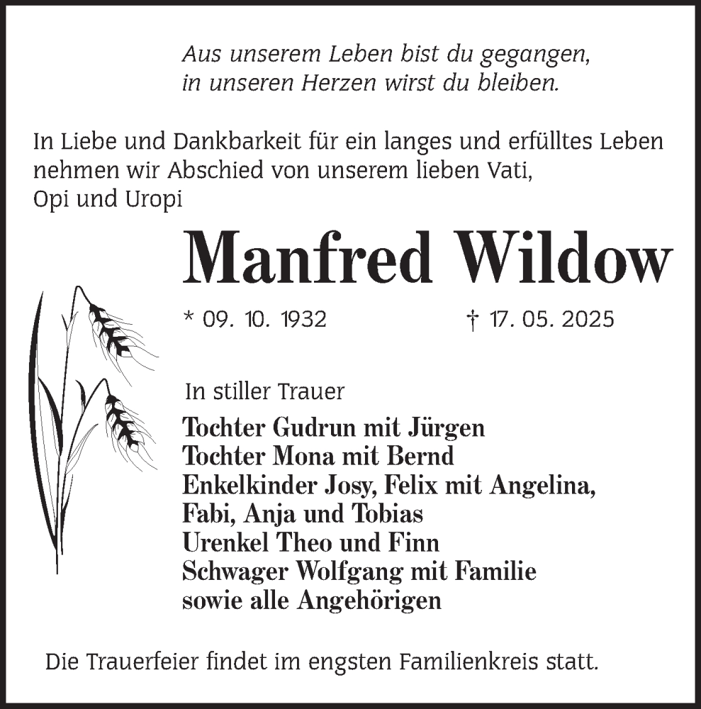  Traueranzeige für Manfred Wildow vom 24.05.2025 aus Lausitzer Rundschau