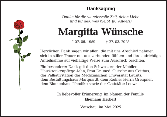 Traueranzeige von Margitta Wünsche von Lausitzer Rundschau
