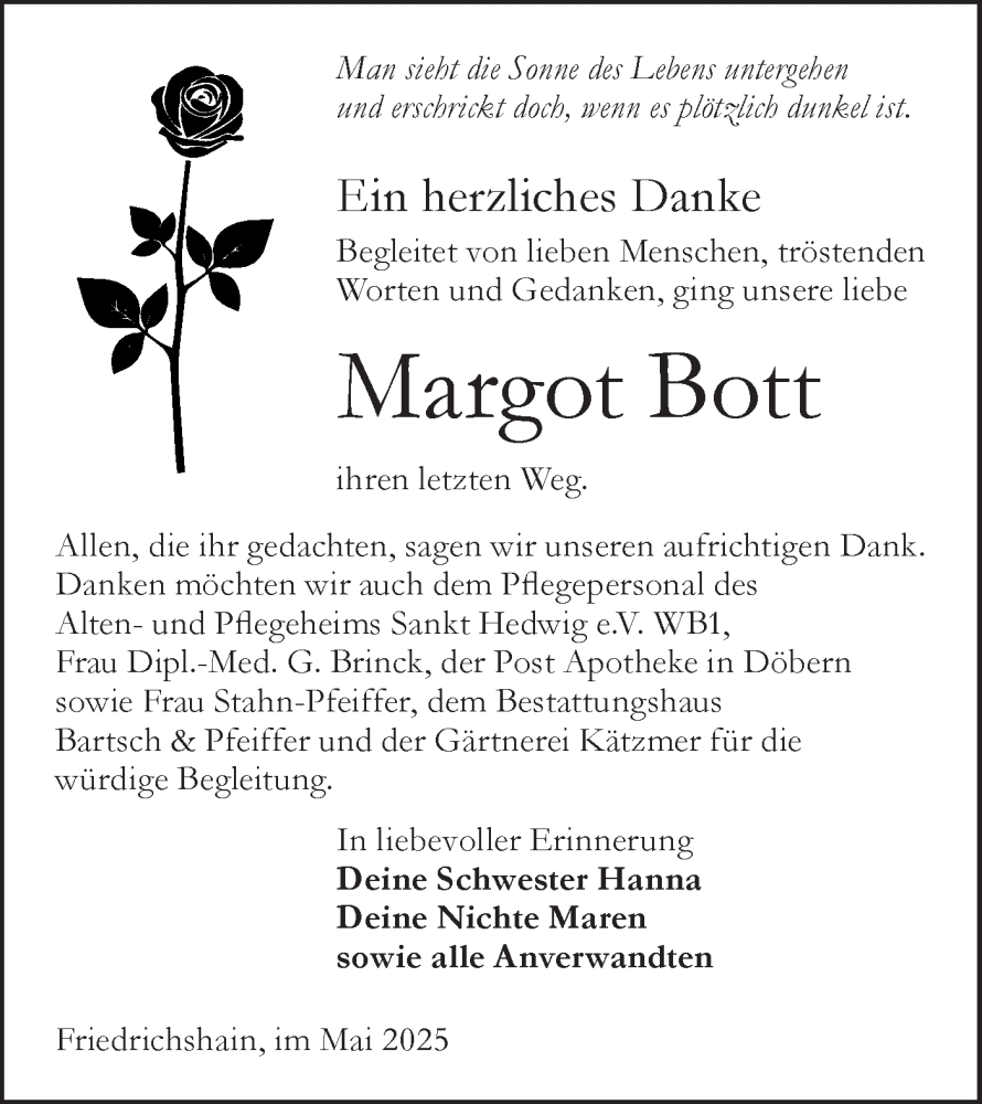  Traueranzeige für Margot Bott vom 03.05.2025 aus Lausitzer Rundschau