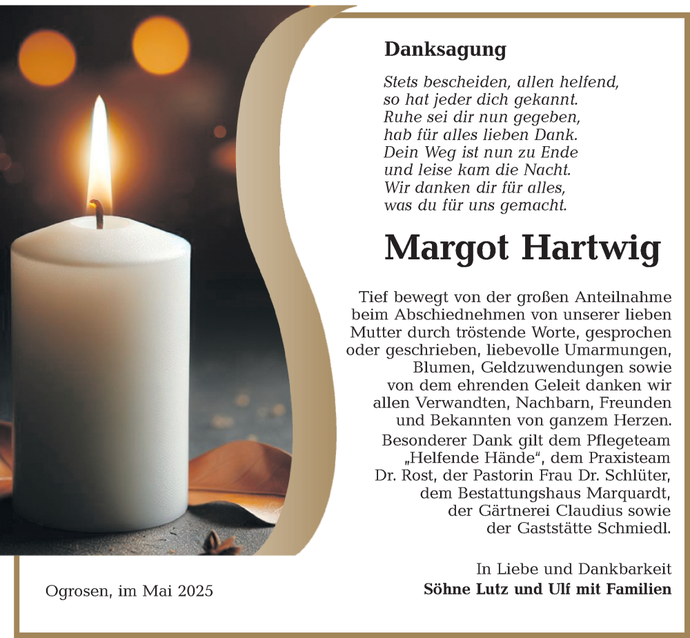  Traueranzeige für Margot Hartwig vom 24.05.2025 aus Lausitzer Rundschau