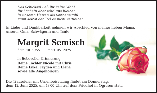 Traueranzeige von Margrit Semisch von Lausitzer Rundschau