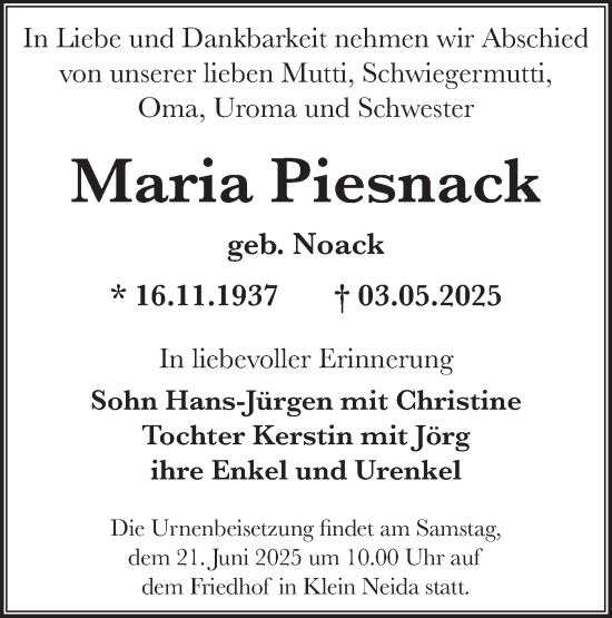 Traueranzeige von Maria Piesnack von Lausitzer Rundschau