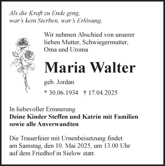 Traueranzeige von Maria Walter von Lausitzer Rundschau