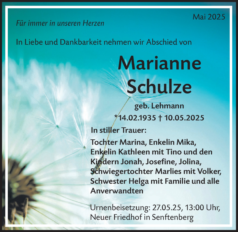  Traueranzeige für Marianne Schulze vom 24.05.2025 aus Lausitzer Rundschau