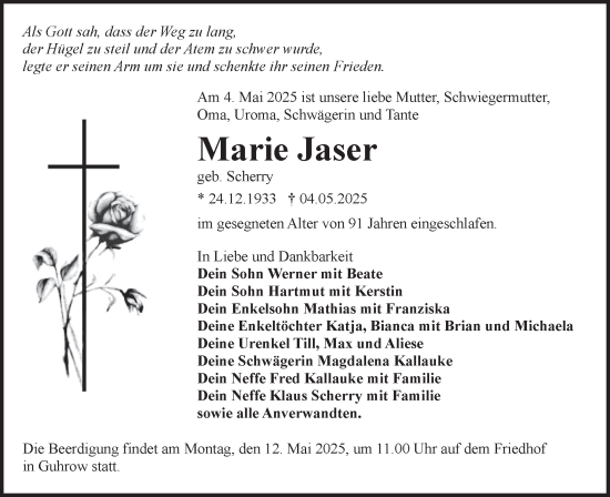 Traueranzeige von Marie Jaser von Lausitzer Rundschau