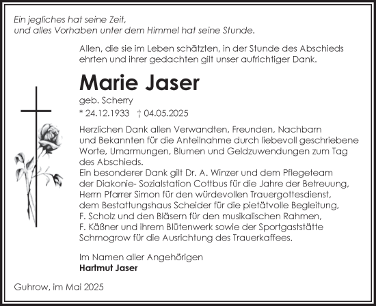 Traueranzeige von Marie Jaser von Lausitzer Rundschau