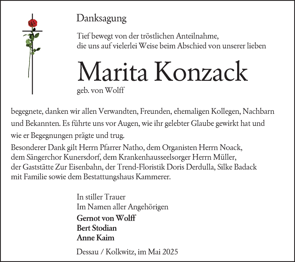  Traueranzeige für Marita Konzack vom 24.05.2025 aus Lausitzer Rundschau