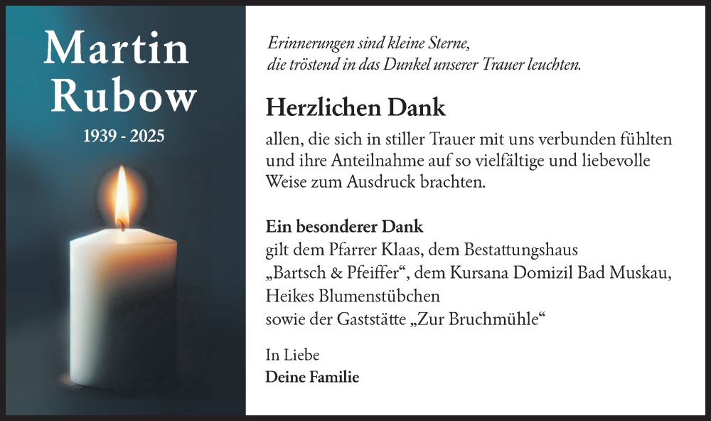  Traueranzeige für Martin Rubow vom 31.05.2025 aus Lausitzer Rundschau