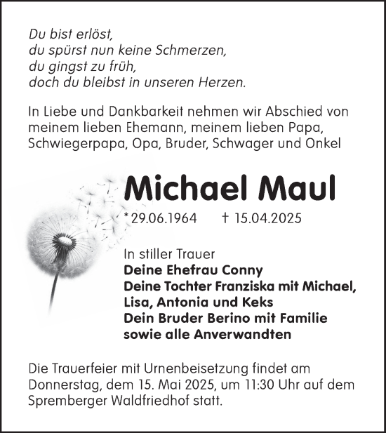 Traueranzeige von Michael Maul von Lausitzer Rundschau