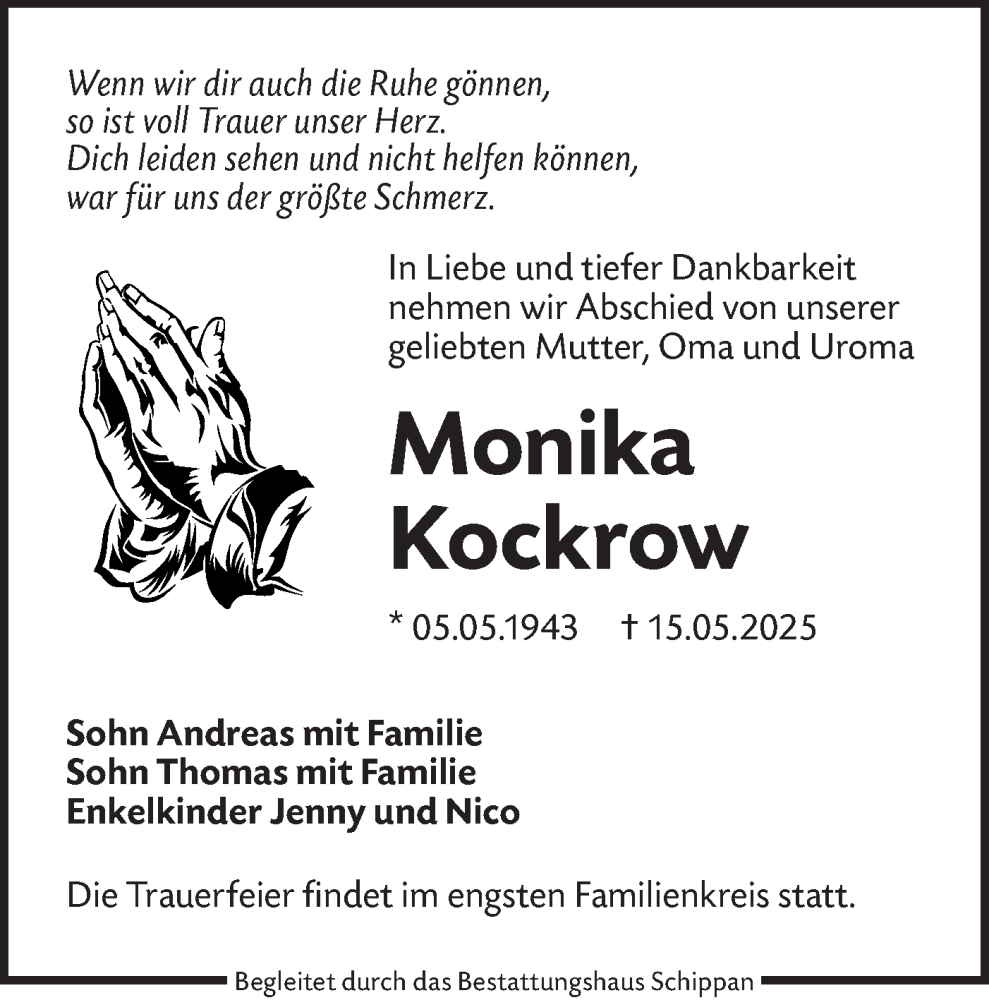  Traueranzeige für Monika Kockrow vom 31.05.2025 aus Lausitzer Rundschau