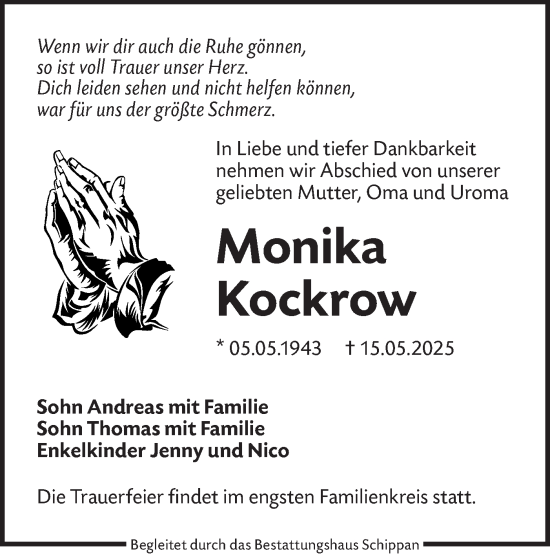 Traueranzeige von Monika Kockrow von Lausitzer Rundschau