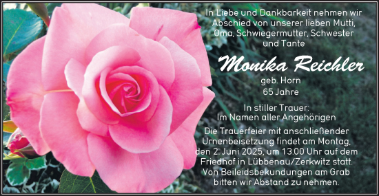 Traueranzeige von Monika Reichler von Lausitzer Rundschau