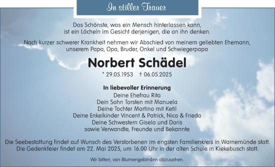Traueranzeige von Norbert Schädel von Lausitzer Rundschau
