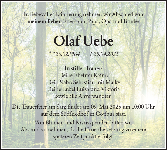 Traueranzeige von Olaf Uebe von Lausitzer Rundschau
