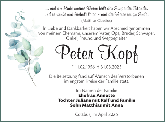 Traueranzeige von Peter Kopf von Lausitzer Rundschau