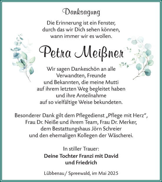 Traueranzeige von  Petra Meißner von Lausitzer Rundschau