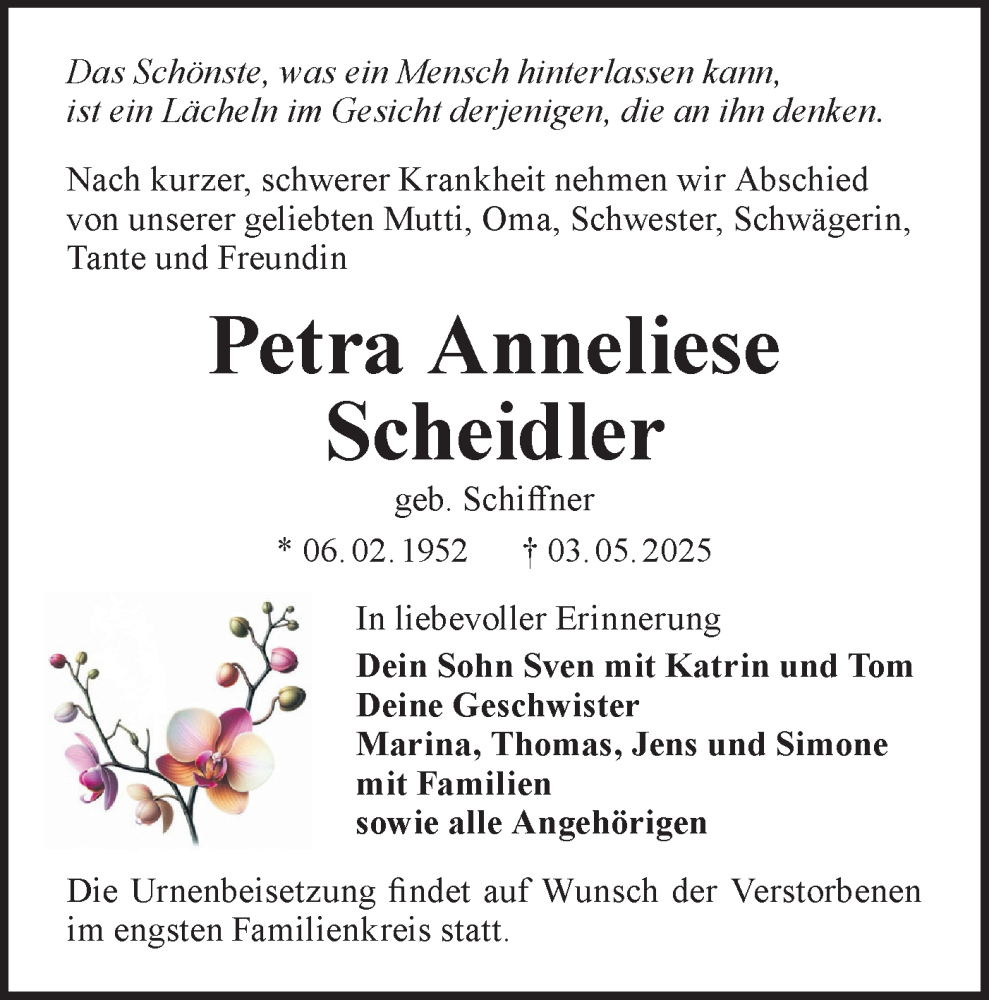  Traueranzeige für Petra Anneliese Scheidler vom 17.05.2025 aus Lausitzer Rundschau