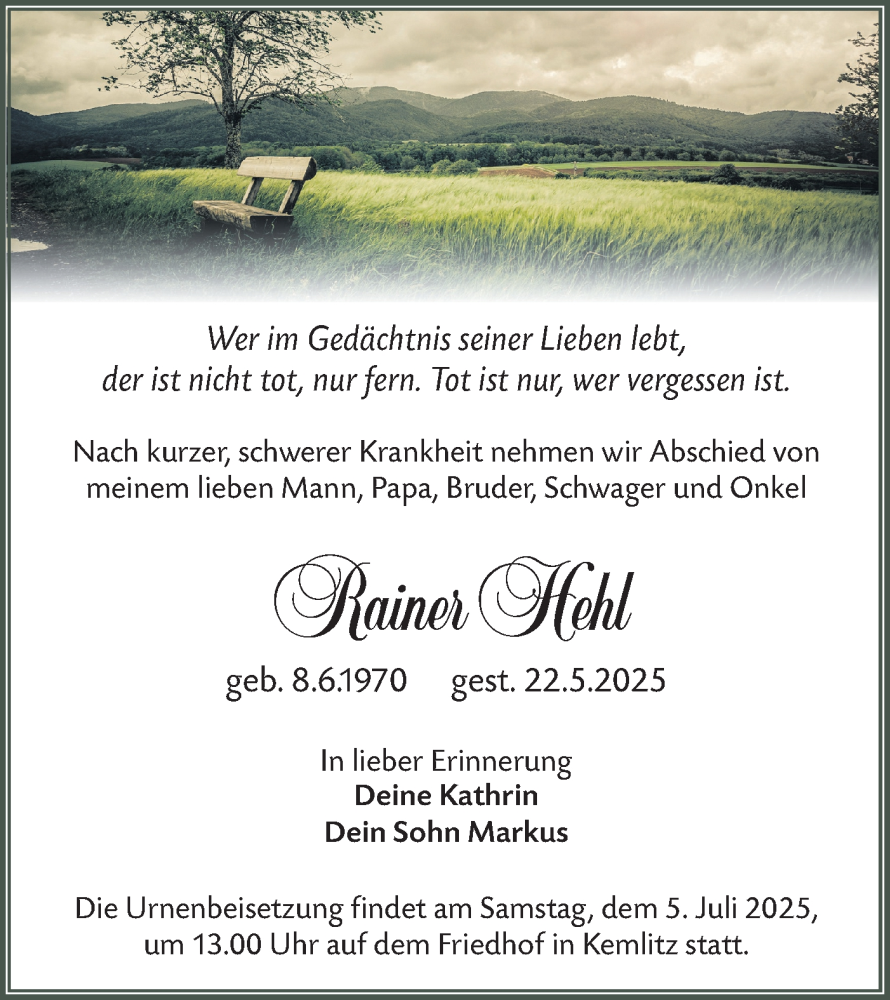  Traueranzeige für Rainer Hehl vom 31.05.2025 aus Lausitzer Rundschau