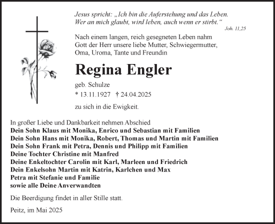 Traueranzeige von Regina Engler von Lausitzer Rundschau