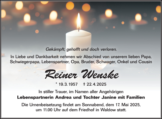 Traueranzeige von Reiner Wenske von Lausitzer Rundschau