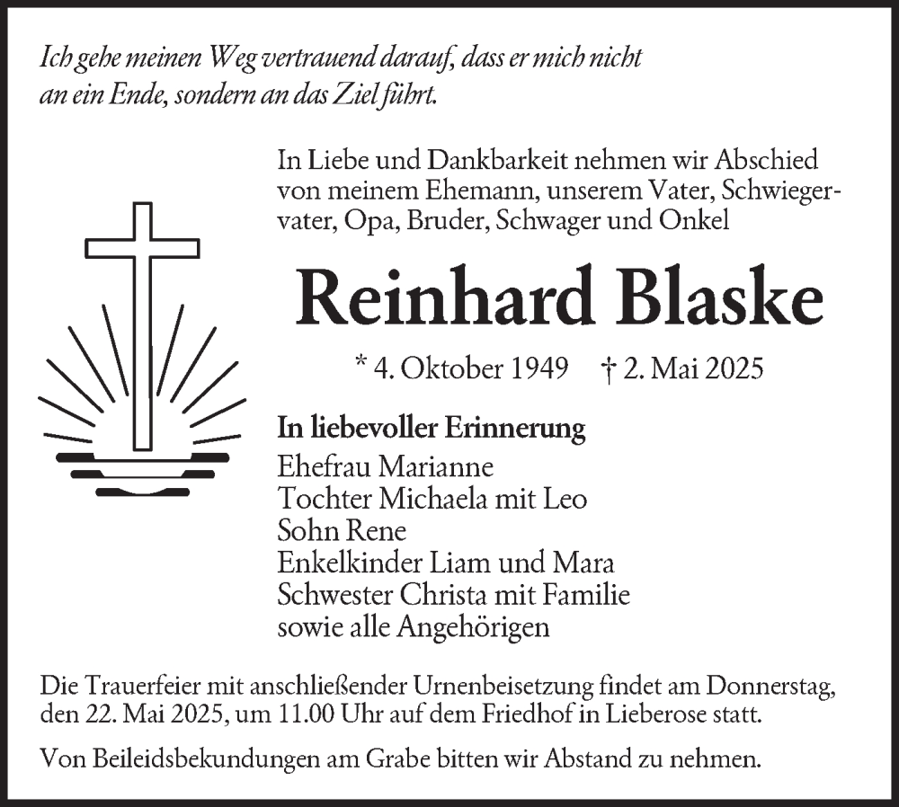  Traueranzeige für Reinhard Blaske vom 17.05.2025 aus Lausitzer Rundschau