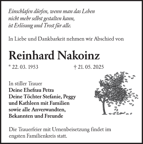 Traueranzeige von Reinhard Nakoinz von Lausitzer Rundschau