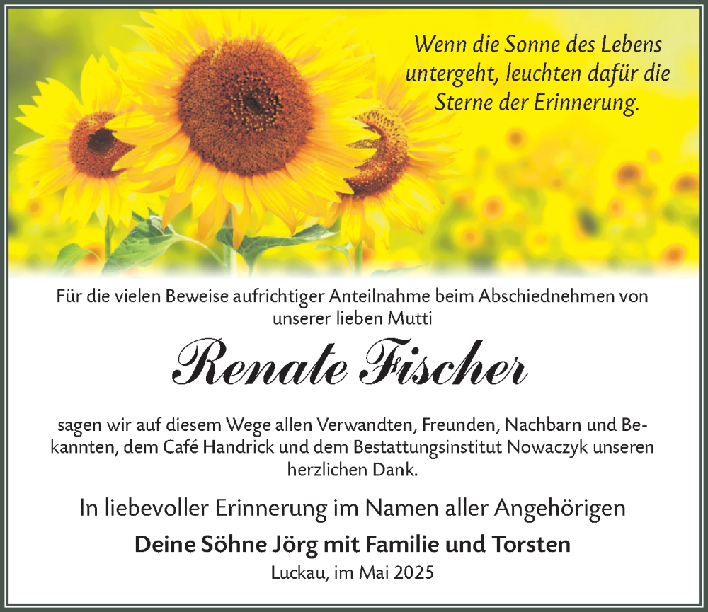 Traueranzeige für Renate Fischer vom 10.05.2025 aus Lausitzer Rundschau