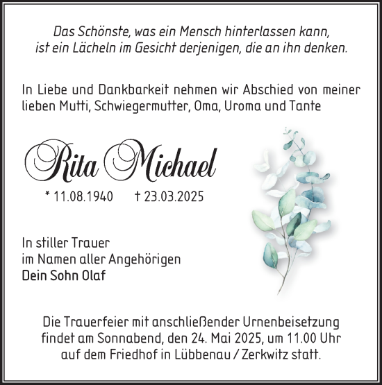 Traueranzeige von Rita Michael von Lausitzer Rundschau