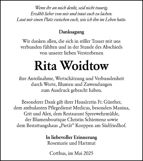 Traueranzeige von Rita Woidtow von Lausitzer Rundschau