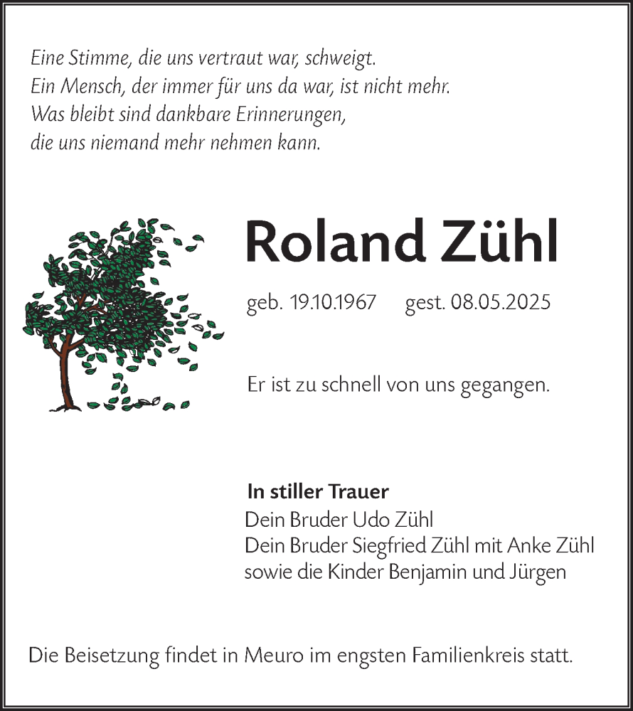  Traueranzeige für Roland Zühl vom 24.05.2025 aus Lausitzer Rundschau